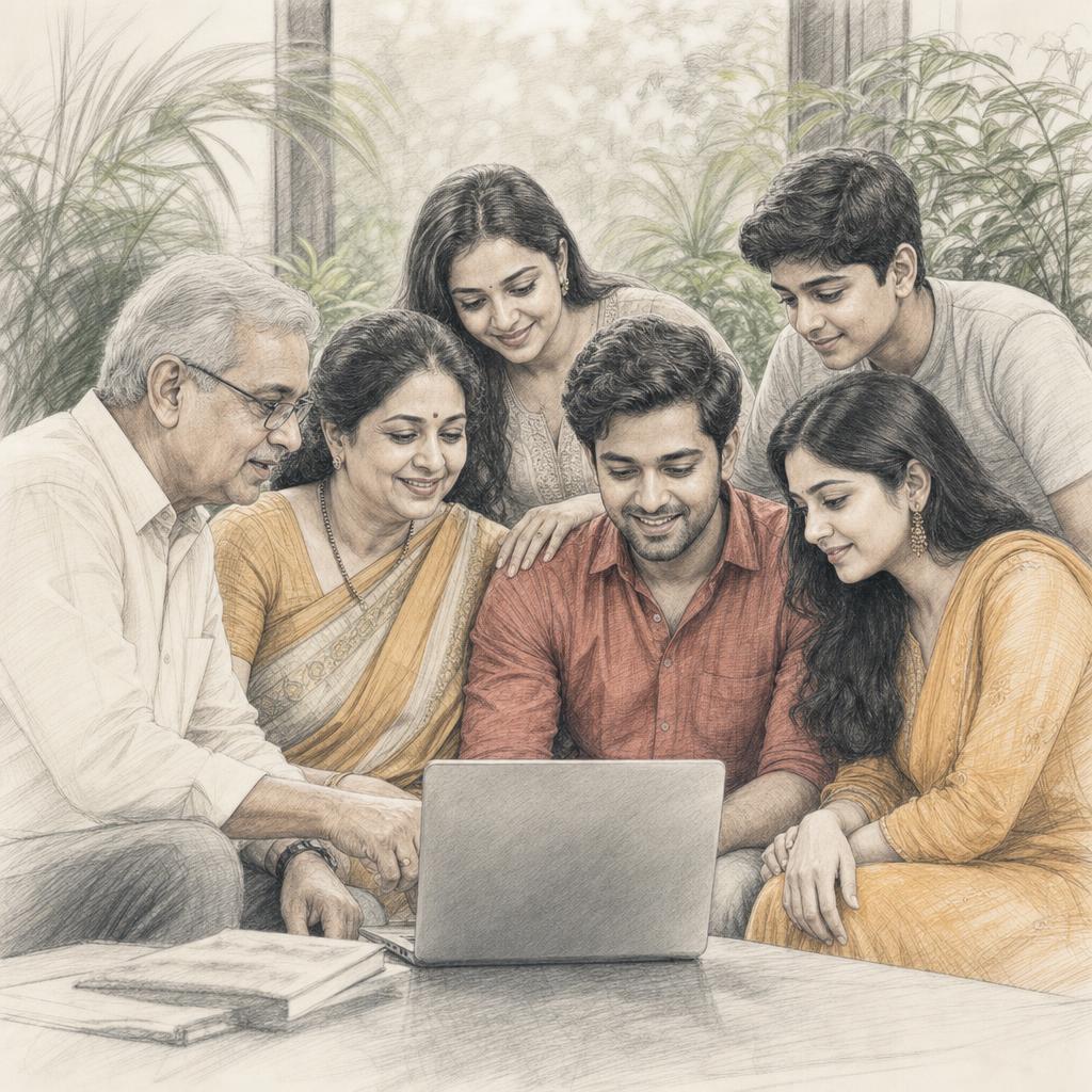 A multi-generational family planning their finances together around a laptop