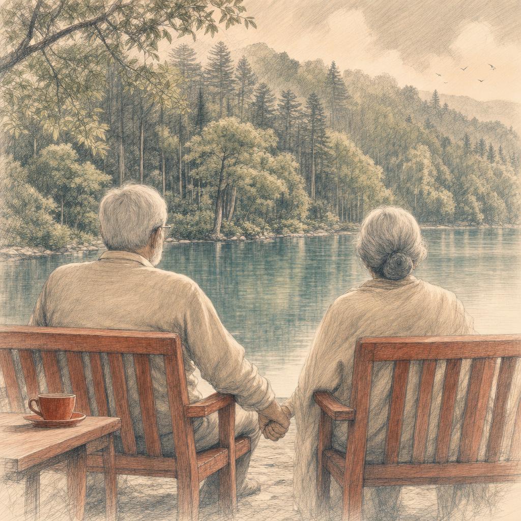 An older couple sitting by a lake at retirement, holding hands